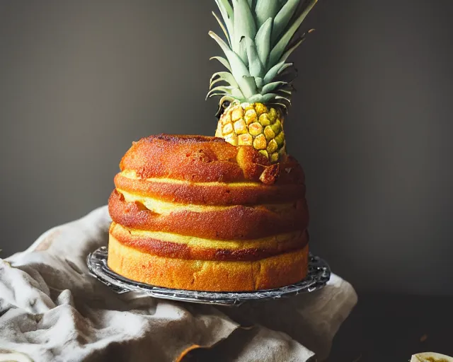 Image similar to dslr food photograph of a pineapple and banana cake, 8 5 mm f 1. 4