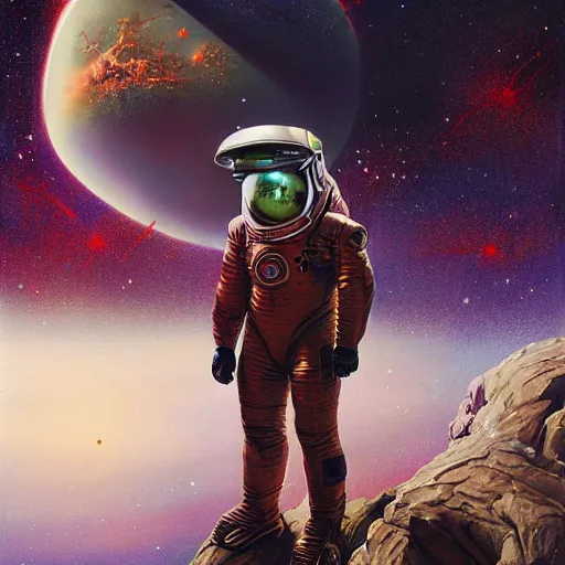 Image similar to photoreal full body of a hulking chinese man in scifi space suit on a rocky planet, nebula milky way background, by norman rockwell and boris vallejo, artstation, concept character art