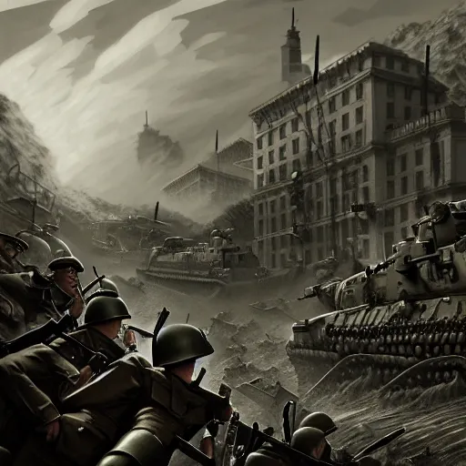 Image similar to the WW2 in roblox, photo from 1940s, very detailed, fantasy, dramatic, intricate, elegant, highly detailed, digital painting, artstation, concept art, smooth, sharp focus, illustration, art by Gustave Dore, octane render