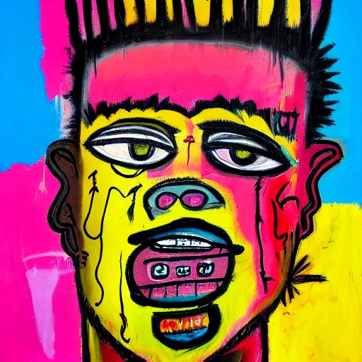 Prompt: pink and yellow and red detailed neo expressionism oil painting of sad boy rapper crying with tattoos by basquiat