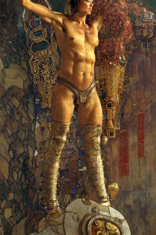 Prompt: Gladiator, muscular, detailed face, correct face, cyberpunk chinese ancient castle, fantasy, painting by Gustav Klimt, greg rutkowski and alphonse mucha