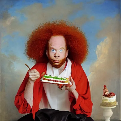 Image similar to Masterpiece Portrait of carrot top, Eating birthday cake, dressed thobe, Ghutra and Egal