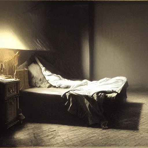 Image similar to dark room with a shadow figure standing in front of the bed while a person sleeps in it, very dim lighting, 8 k octane beautifully detailed render, post - processing, extremely hyper - detailed, intricate, epic composition, masterpiece, trending on artstation, detailed detailed detailed, masterpiece, stunning art by anders zorn, wonderful masterpiece by greg rutkowski,