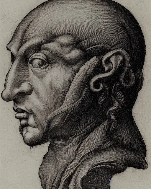 Image similar to head with four faces creature, drawn by da vinci