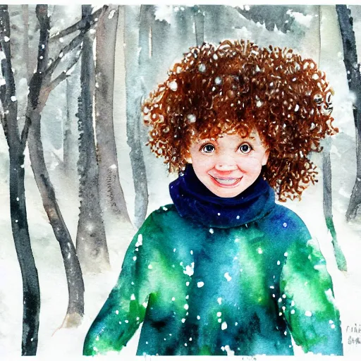 Prompt: a little girl with curly brown hair and a happy expression in a snowy forest trying to catch snowflakes. Watercolor, trending on artstation