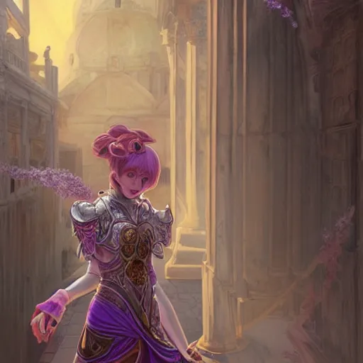 Prompt: portrait knights of Zodiac girl, metalic pink and pastel purple reflected armor, in ruined Agora of Athens sunrise, ssci-fi, fantasy, intricate, very very beautiful, elegant, golden light, highly detailed, digital painting, artstation, concept art, smooth, sharp focus, illustration, art by tian zi and WLOP and alphonse mucha