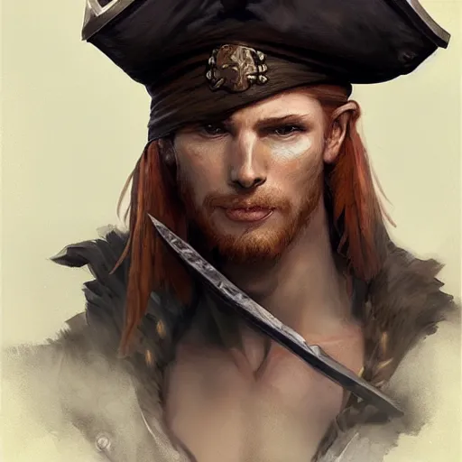 Prompt: amazing lifelike illustration of heroic handsome charming ginger rogue, long slender pointed ears, wearing a tricorne pirate captain hat, naval background, award-winning art by Greg Rutkowski