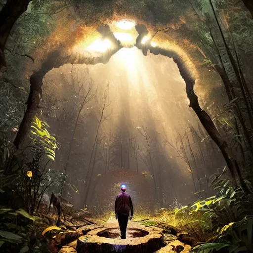 Image similar to a man standing in front of a portal in the middle of a forest, poster art by stephan martiniere, behance contest winner, sci - fi, reimagined by industrial light and magic, concept art