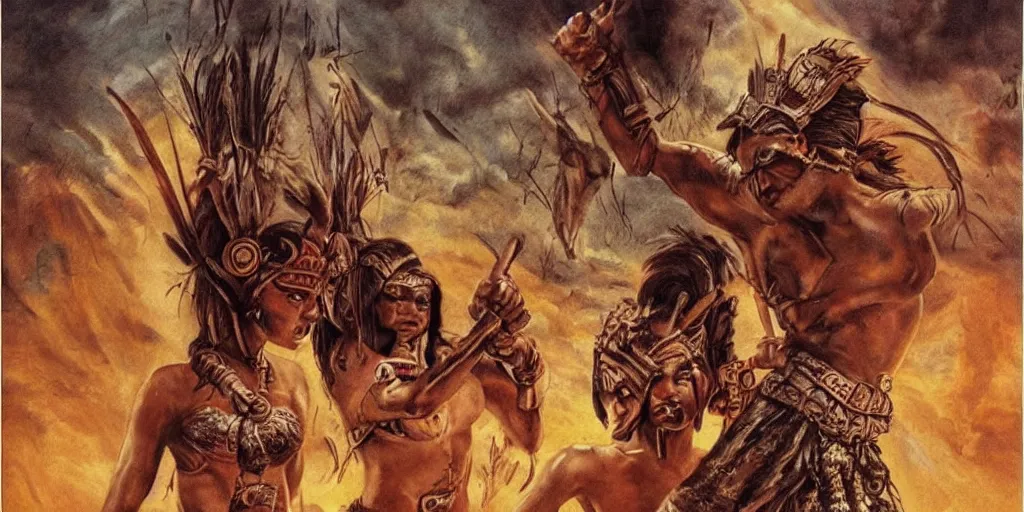 Image similar to movie, ancient Battlefield, beautiful brutal aztec and Amazonian females fight, epic, vintage, blood, slight inspiration of Boris vallejo and apocalypto