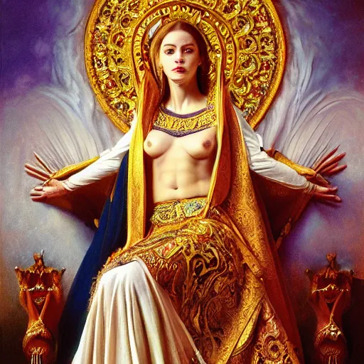 Image similar to Realistic painting of beautiful priestess woman in detailed costume, sitting on a throne in a throne roome in a palace dramatic lighting, high-detailed oil painting by Ilya Repin, William Blake, Michelangelo da Caravaggio, Alex Grey and Beksinski, masterpiece, 4k