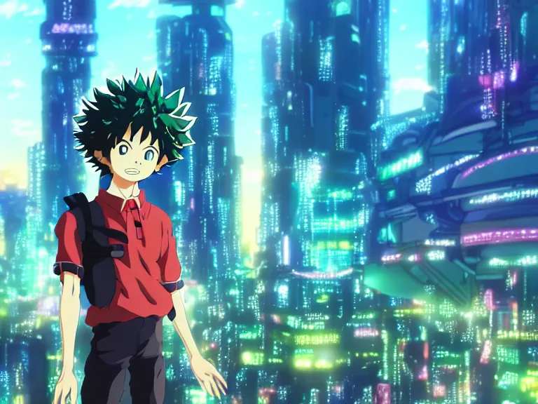 Image similar to anime fine details portrait of joyful Deku in front of cyberpunk moder city landscape on the background deep bokeh, close-up view, anime masterpiece by Studio Ghibli. 8k, sharp high quality anime, artstation