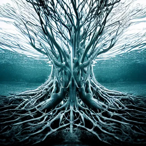 Image similar to roots underwater, award winning cyan and white photography, high contrast, high definition