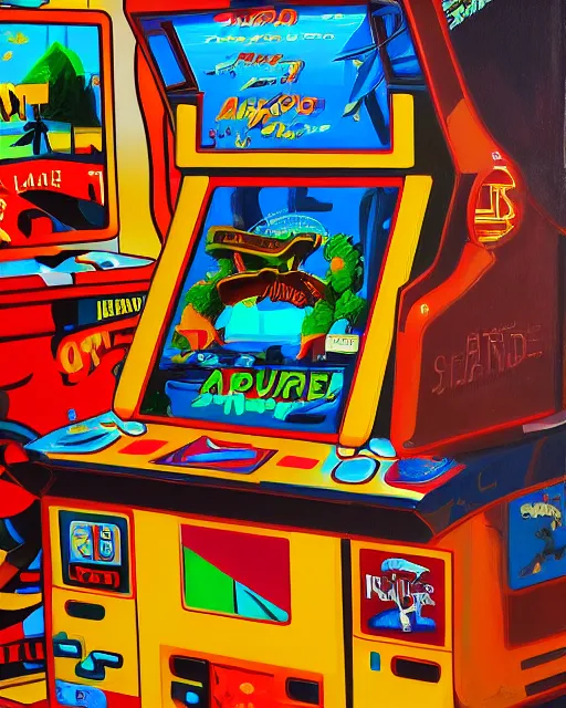 Image similar to arcade start screen. retro technology, vintage colors and shapes, wayne barlow, oil on canvas, deep depth of field, masterpiece, cinematic composition, hyperdetailed