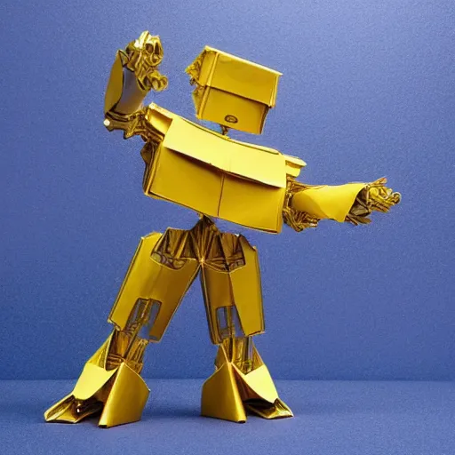 Image similar to robot made in origami hyperdetailed realistic golden hour illumination