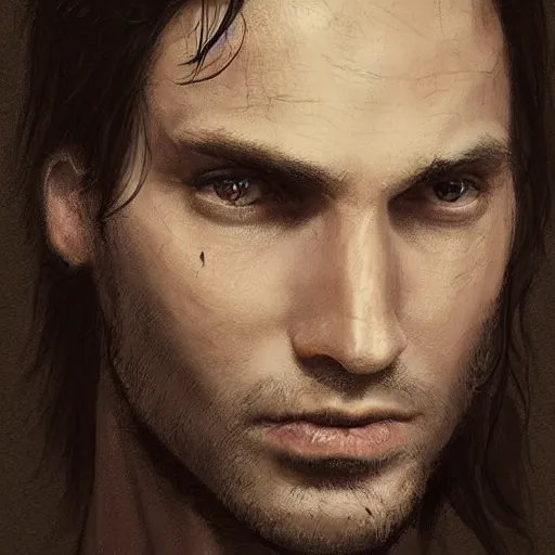 Prompt: Portrait of a man by Greg Rutkowski, he is about 30 years old, messy long black hair, tired appearance, roman nose, german features, wearing black t-shirt, highly detailed portrait, digital painting, artstation, concept art, smooth, sharp foccus ilustration, Artstation HQ.