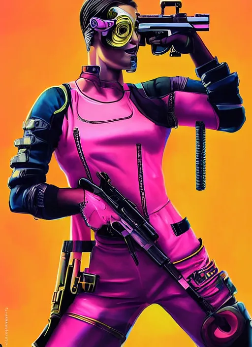 Image similar to beautiful cyberpunk female athlete wearing pink jumpsuit and yellow jacket. firing a futuristic red automatic pistol with huge magazine. ad poster for pistol. cyberpunk poster by james gurney, azamat khairov, and alphonso mucha. artstationhq. gorgeous face. painting with vivid color, cell shading. ( rb 6 s, cyberpunk 2 0 7 7 )