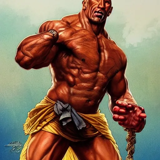 Prompt: the rock as dhalsim from street fighter, 4 k, ultra realistic, detailed focused art by artgerm and greg rutkowski and alphonse mucha