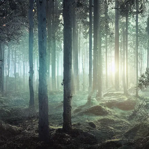 Prompt: bright nordic forest, sparkling spirits, detailed wide shot, wireframe, ground detailed, wet eyes reflecting into eyes reflecting into infinity, beautiful lighting