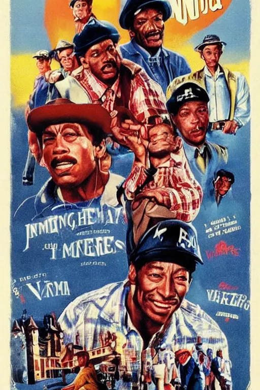 Image similar to vintage movie poster ernest goes to compton, jim varney, gangs, crips, bloods, 1 9 8 2, drew struzan inspiration