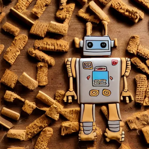 Prompt: a robot made of biscuit