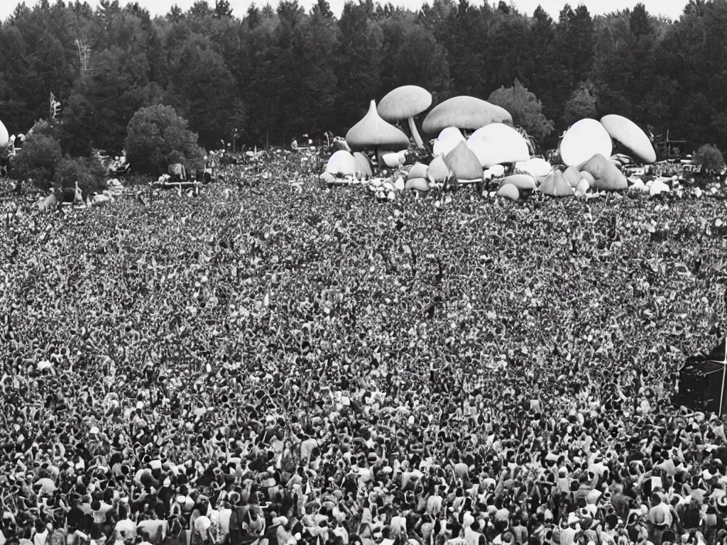 Image similar to 70s photo of trippy hippy festival Woodstock stage show with giant psychedelic mushrooms