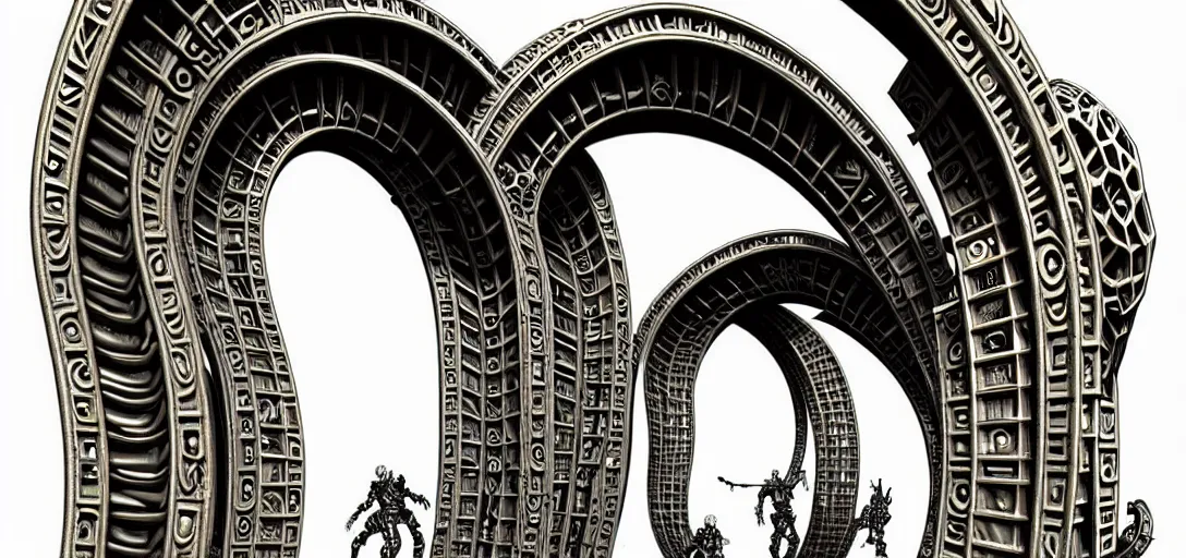 Image similar to a double helix dna cyberpunk steampunk marble carved archway, high details, lineart, by vincent di fate and joe fenton, inking, screen print, masterpiece, trending on artstation, sharp, high contrast, hyper - detailed,, hd, 4 k, 8 k