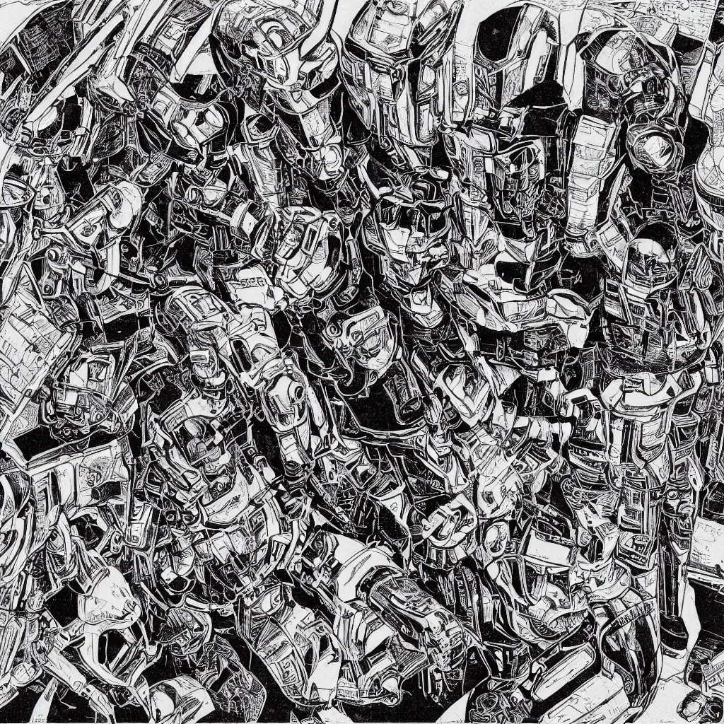 Prompt: printmaking of robocop on party by escher