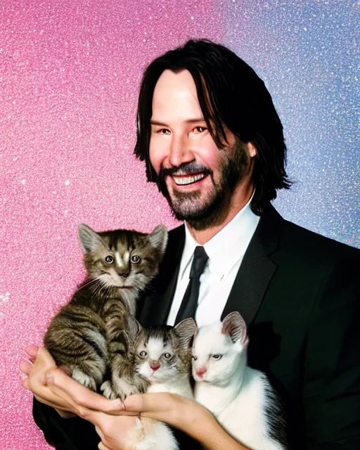 Prompt: “ head and shoulders glamour portrait of keanu reeves smiling at the camera and cradling four kittens in his arms, pastel colored glittery background, extremely high quality photo, studio lighting, 8 k, hd, hdr ”