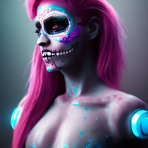 Image similar to beautiful female cyborg wearing sugar skull makeup, brilliant long pink hair, glowing blue eyes, wearing dark scratched body armor, dynamic dramatic dark moody lighting, volumetric lighting, shadows,cinematic atmosphere,Artstation, hyperrealistic 3D digital art,Octane render,8K 4K UHD image