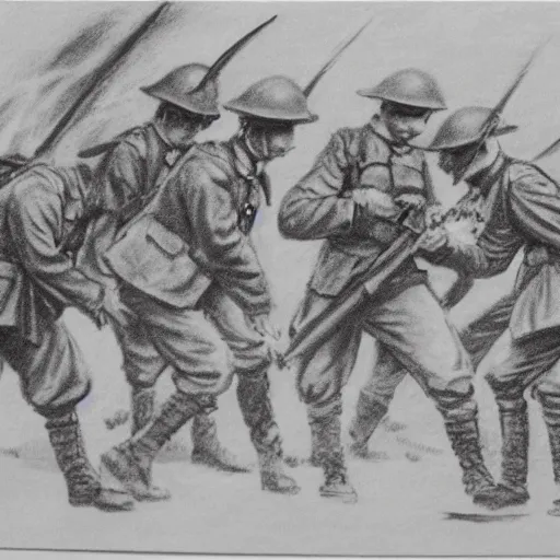 Image similar to charcoal sketch of german WW1 soldiers fighting zombies with flame throwers