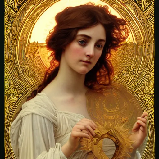 Prompt: portrait of the goddess of the sun who looks like Ana de Armas and Saoirse Ronan, D&D, fantasy, intricate, elegant, highly detailed, digital painting, artstation, smooth, sharp focus, art nouveau illustration, by Alphonse Mucha and William Adolphe Bouguereau