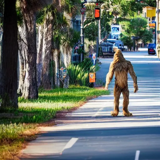 Prompt: bigfoot walking down the street in downtown Pensacola Florida