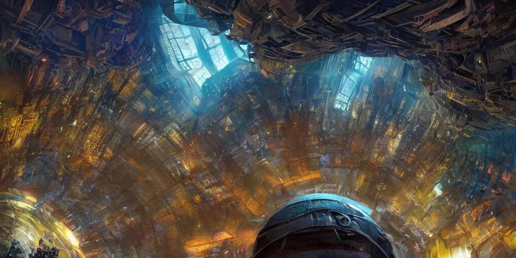 Prompt: a vibrant lively joyous indoor city on the edge of space, in a massive cavernous iron city, dappled light, mandelbulb architecture, flags, colossal arcing metal structures high in the cavernous metal interior, sci - fi, beautiful, awe inspiring, by james gurney, greg rutkowski, sparth, thomas kinkaide, cinematography, cinematic masterpiece