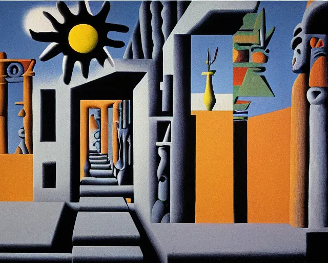 Image similar to aztec art style. liminal space. the backrooms. sun temple. magritte and matisse and yves tanguy art style