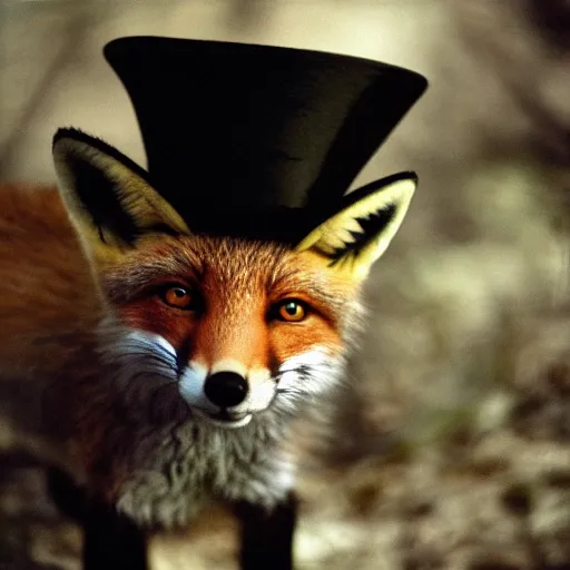 Image similar to 35mm photo of a fox with a top hat