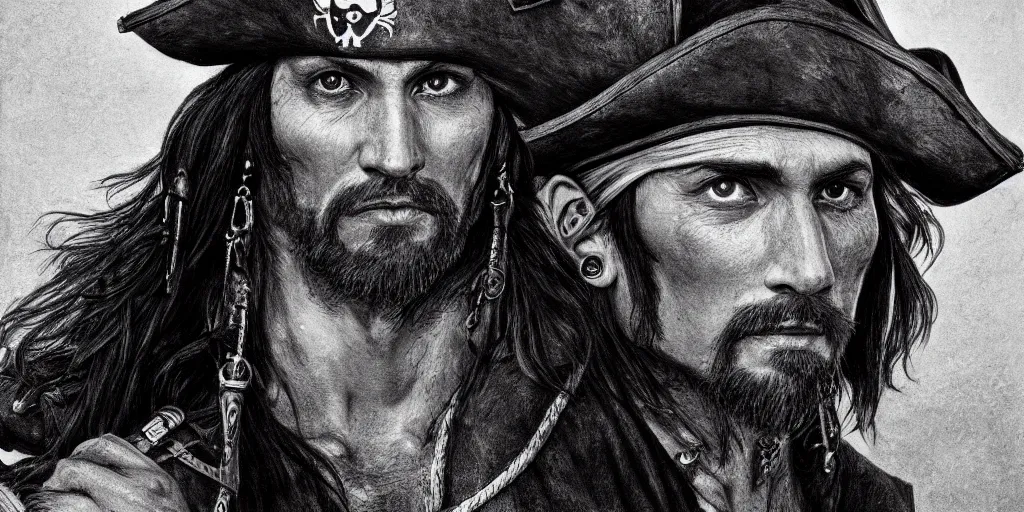 Image similar to realistic portrait of a handsome pirate captain with black hair, 1450, ink, ultra realistic, 8k