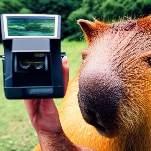 Prompt: a capybara holding a polaroid camera