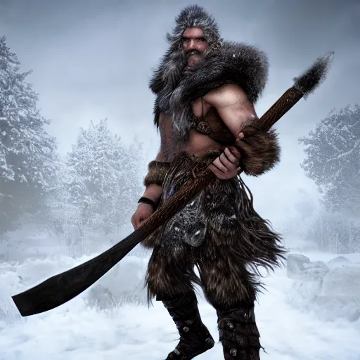 Image similar to a dnd barbarian half frost giant wearing a fur coat, shoulder armor and holding an axe, high resolution film still, 4k, HDR color