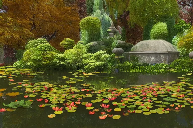 Image similar to A lovely overgrown temple in a pond full of lily pads with autumn!!! trees overhead and blue aberrant skies, trending on artstation, 4k, 8k, 3D!!! still!!! illustrated and reimagined by Max Hay, yellow dappled lighting, eye-level view!!, artstation 3d, artstation render, artstation 3d render, 3d art, unreal engine 3d, octane 3d, blender 3d, 3d landscape, photorealistic imagery, photorealistic details, intricate, highly detailed, fisheye!!!! view!!!!, lens distortion!!!!, chromatic!!!! aberration!!!!