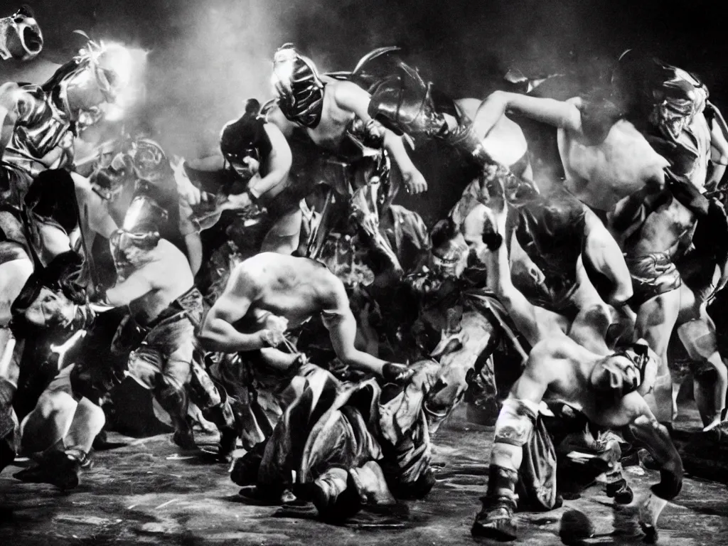 Image similar to photograph of the war of the luchadors : : 5, luchadors : : 4, war : : 3, action scene, dramatic lighting, cinematic, nineteen twenties, vintage, avant garde cinema, dada style, highly realistic, ultra detailed, black and white, by david lynch : : 3, in the style of the movie eraserhead