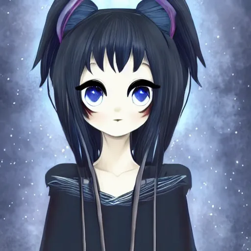 Image similar to beautiful female wizard, blue eyes, black clothing, daughter of death, cute, japanese style anime, intricate