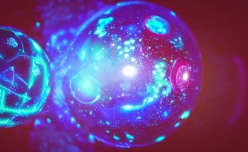 Image similar to enchanted castle, pro - vida, cosmic integration, closeup of a hand holding spheres of power, cosmic color scheme, macro up view, neon, glow, darkness, dramatic, sharp focus, octane render, imax