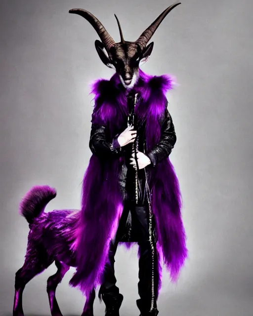 Image similar to Jared Leto with Wolf Eyes, goat ears, and purple fur, wearing Haider Ackerman, Rick Baker Style makeup, photo-real, Artstation, in the style of Annie Leibovitz