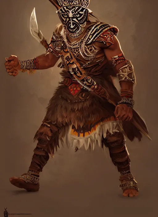 Image similar to a highly detailed illustration of tribal masked aztec warrior wearing brown robe, heroic fist pose, intricate, elegant, highly detailed, centered, digital painting, artstation, concept art, smooth, sharp focus, league of legends concept art, wlop.