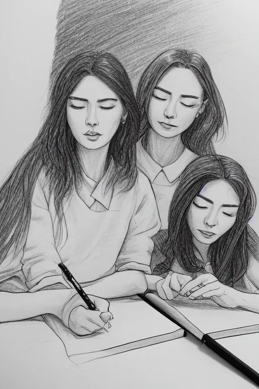 Image similar to portrait of two wise and very beautiful women reviewing some texts, drawn by a child, intricate, elegant, highly detailed, smooth, sharp focus, artstation