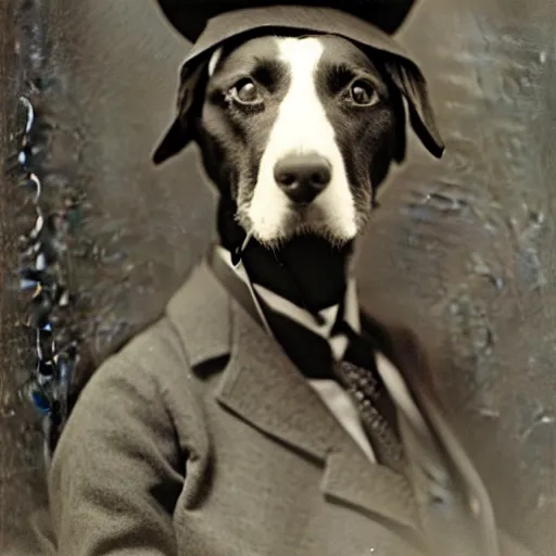 Prompt: rough looking dog in a bowler hat, victorian