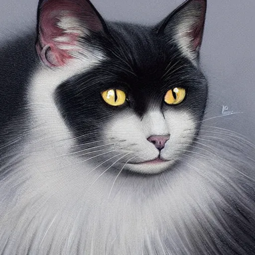 Image similar to a burly bored dark grey cat with white belly, white paws and white face markings with long fur and fluffy tail sitting, intricate, elegant, highly detailed, digital painting, artstation, concept art, matte, sharp focus, illustration, art by Artgerm and Greg Rutkowski and Alphonse Mucha