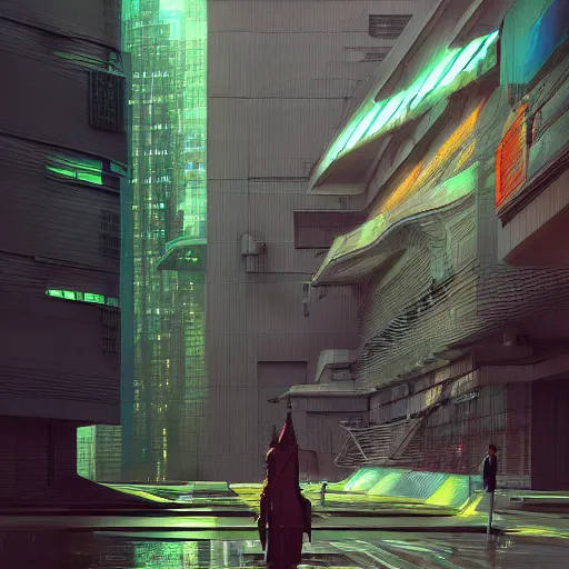 Image similar to neo brutralism, futuristic architectural art, colorful, hyperrealistic, cgsociety, octane render, 8k, realistic depth, 3D feeling, sunlight, shadows, reflections, romanticism, artstation, concept art, wallpaper, dark blue and green tones, in the style of Akihiko Yoshida and Craig Mullins