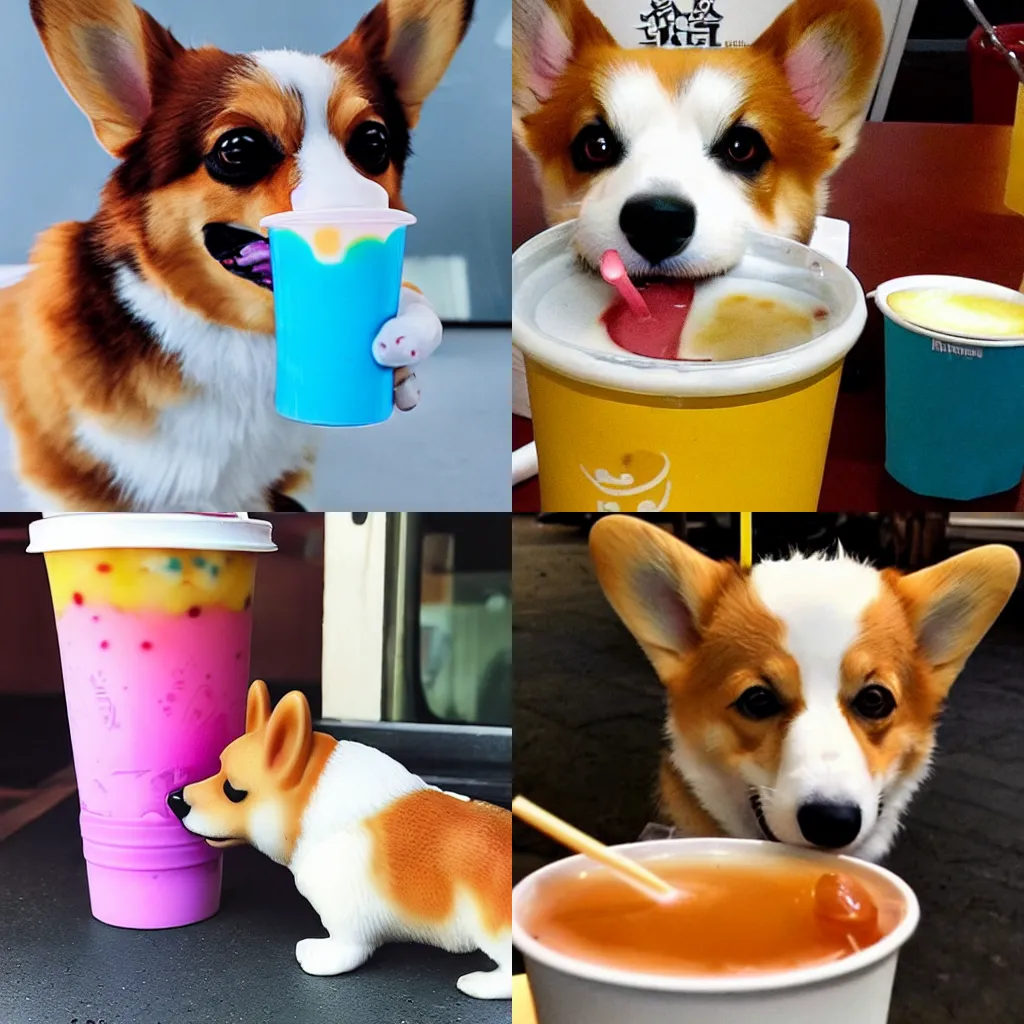 Prompt: a corgi is drinking boba milk tea, realistic