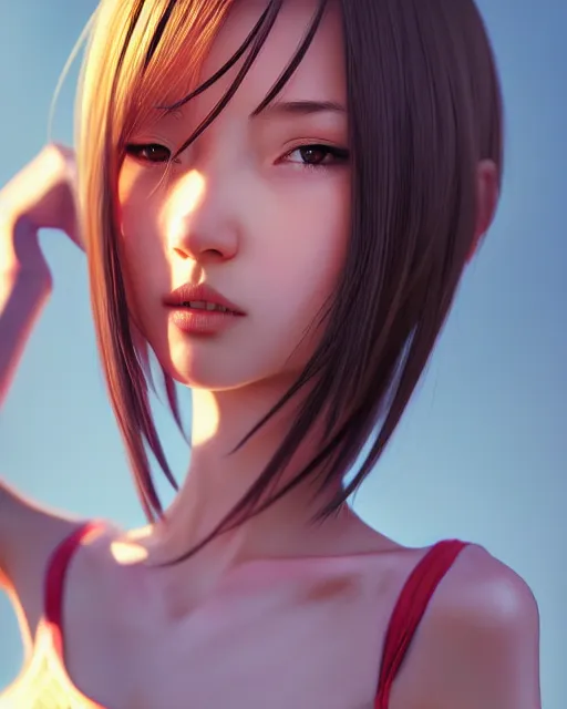 Image similar to full 1 2 0 mm face portrait of a beautiful slender kazakh girl, in tshirt, happy, by saruei and guweiz and ilya kuvshinov and grant morrison and range murata digital art, highly detailed intricate, sharp focus, trending on artstation hq deviantart pinterest, unreal engine 5, 4 k uhd image